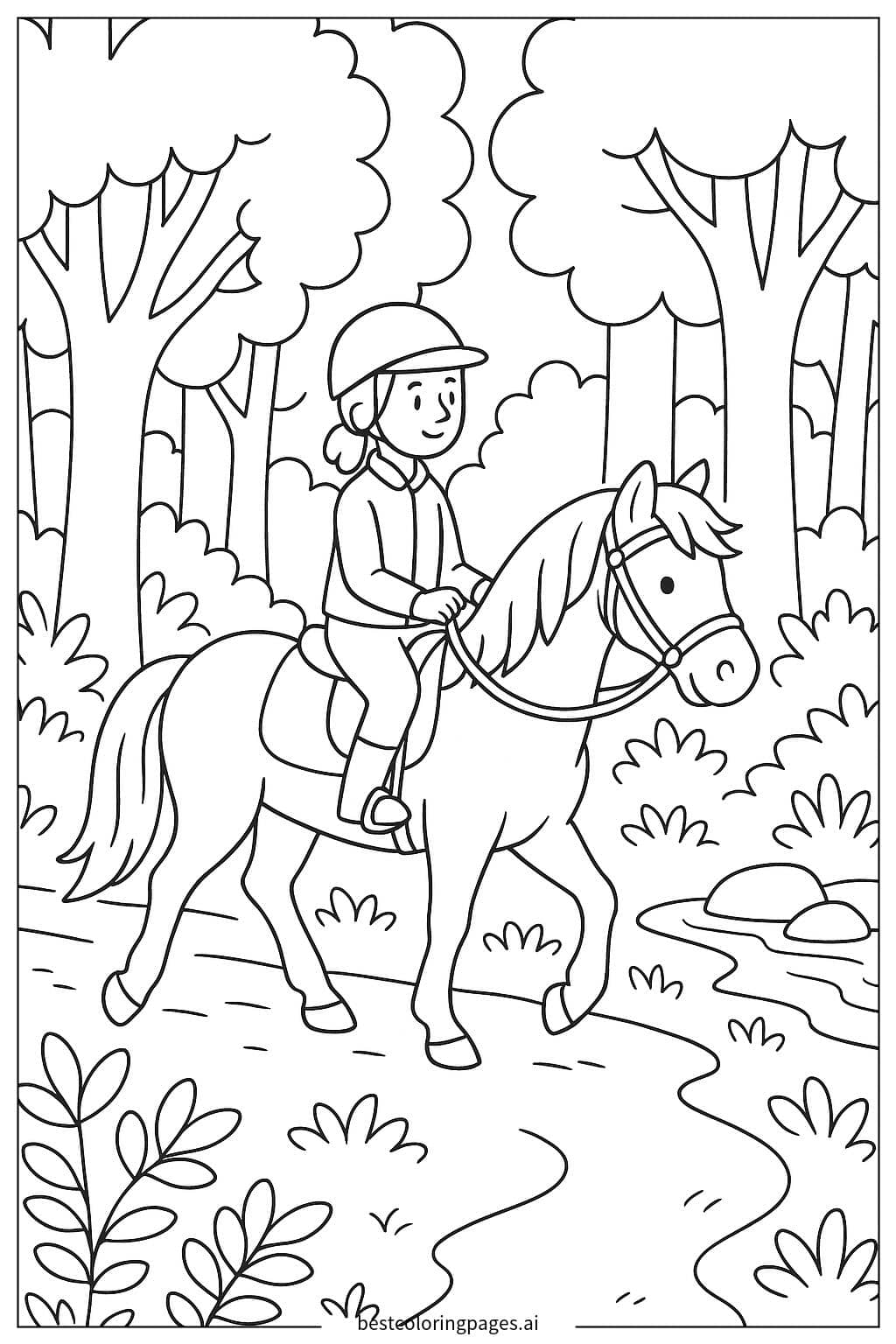 Desenhos de Cavalo com Cavaleiro Explorando uma Floresta para Colorir