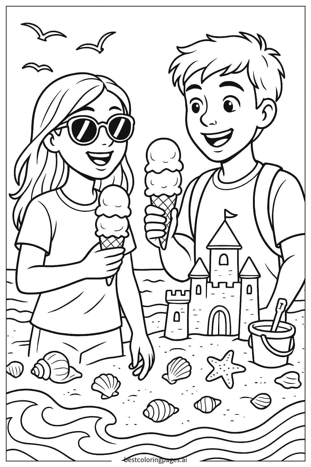 Ice Cream Adventure at the Beach Coloring Page