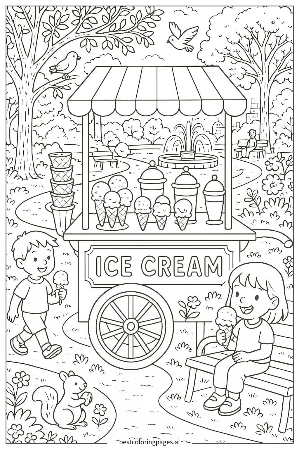 Ice Cream Cart in the Park Coloring Page