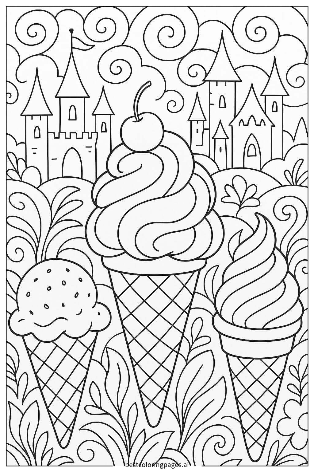 Ice Cream Adventure in a Magical Land Coloring Page