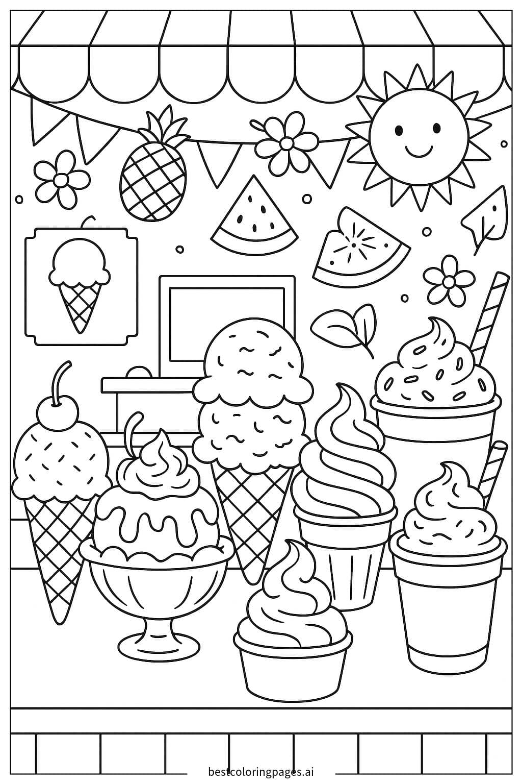 Sunny Ice Cream Parlor Adventure Coloring Page