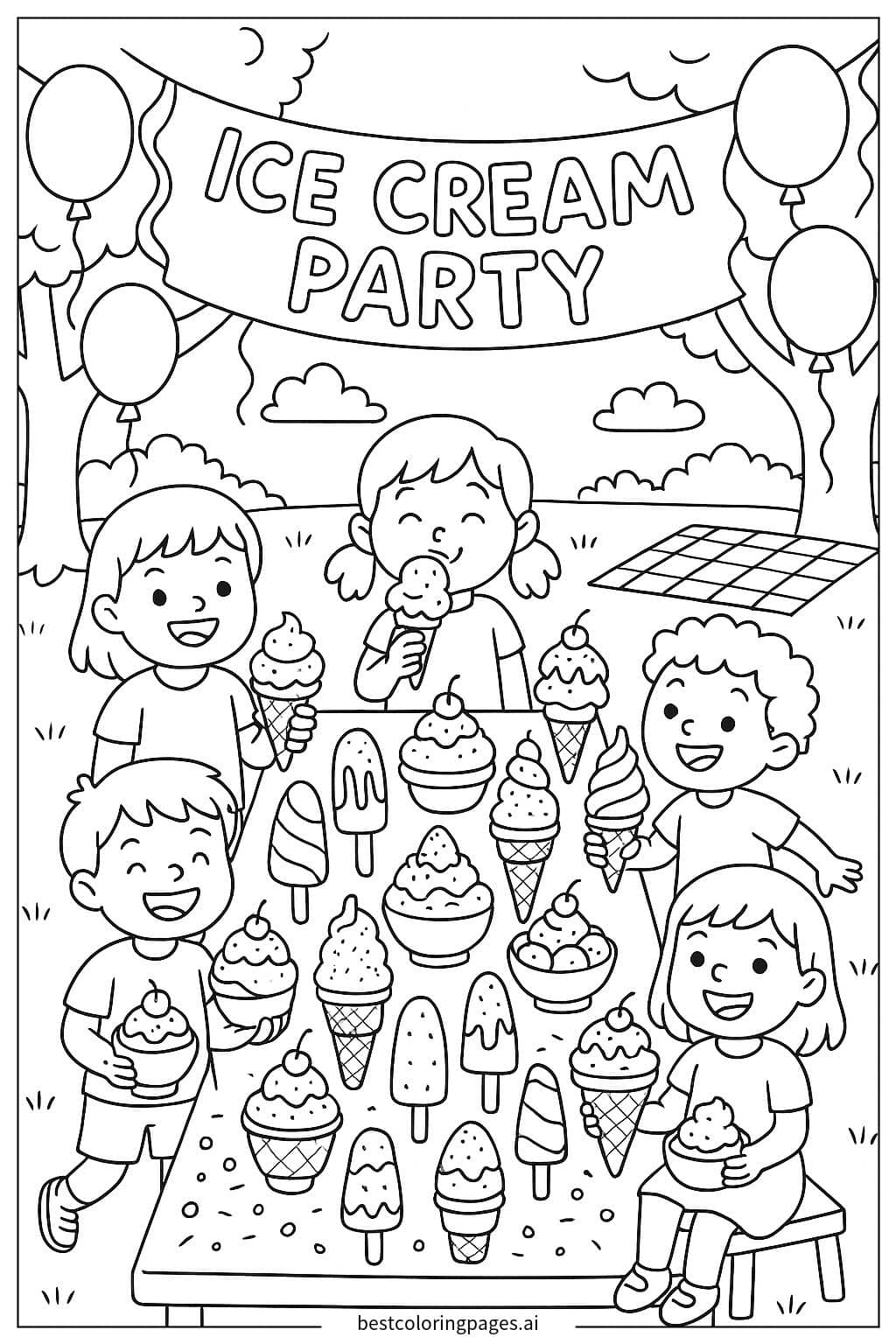 Ice Cream Party with Various Flavors Coloring Page