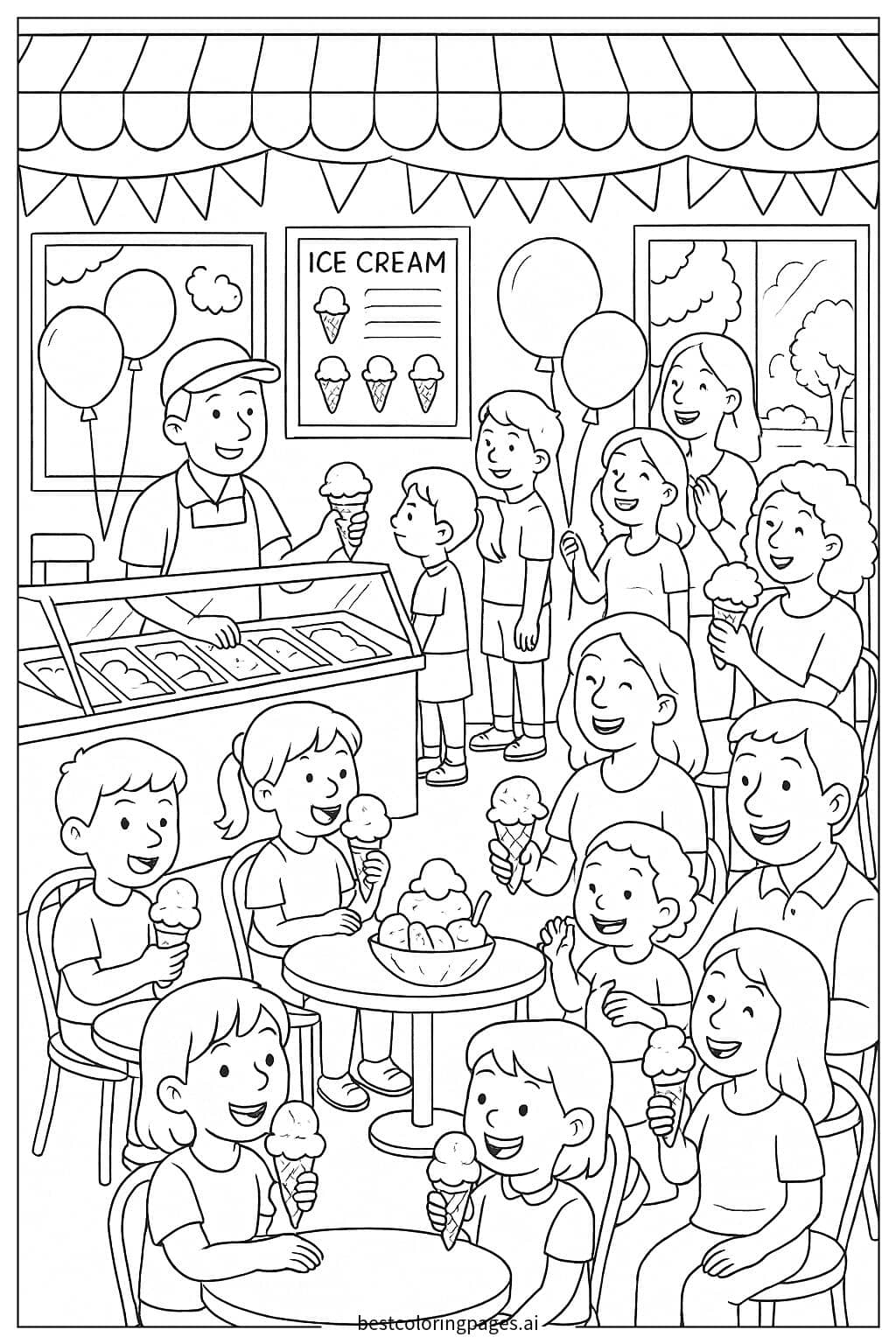 Coloriage Magasin de Glaces avec des Clients