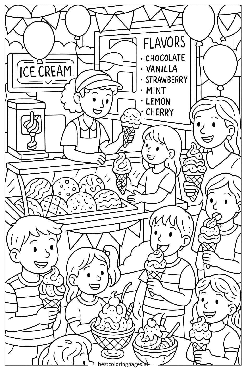 Coloriage Boutique de glaces avec divers parfums