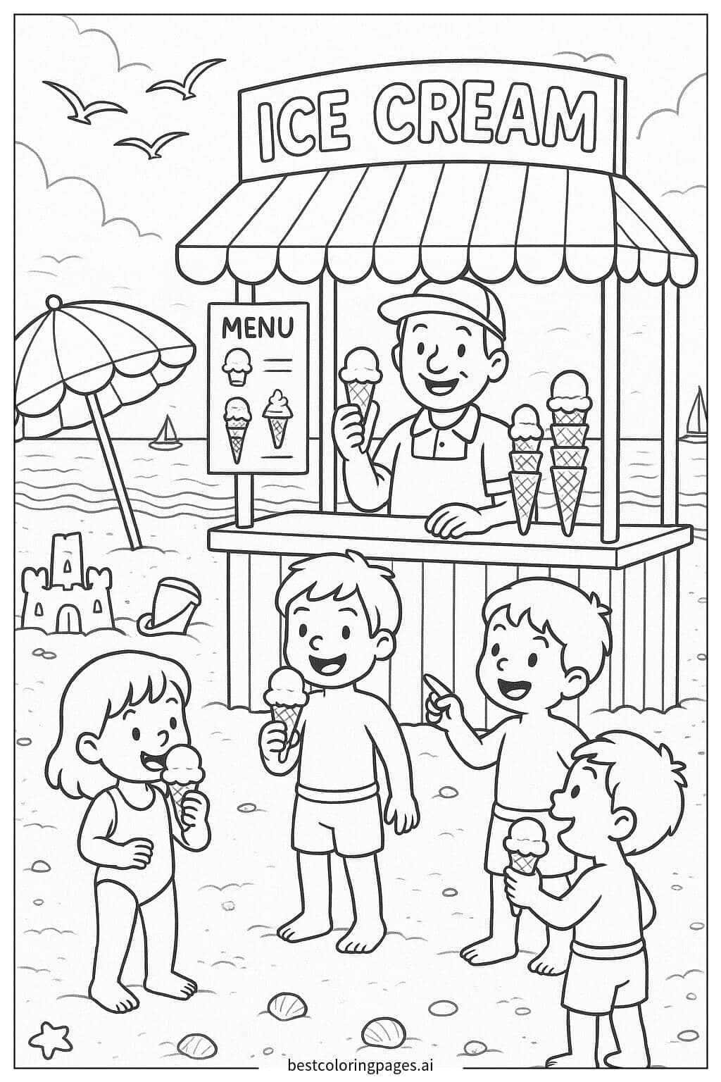Coloriage Stand de glaces à la plage