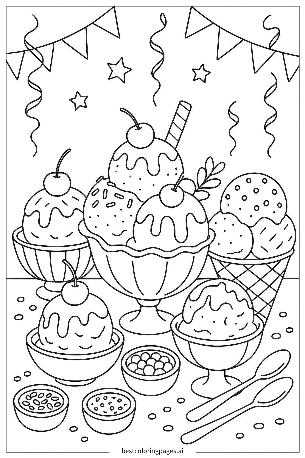 Ice Cream Sundae Celebration Coloring Page