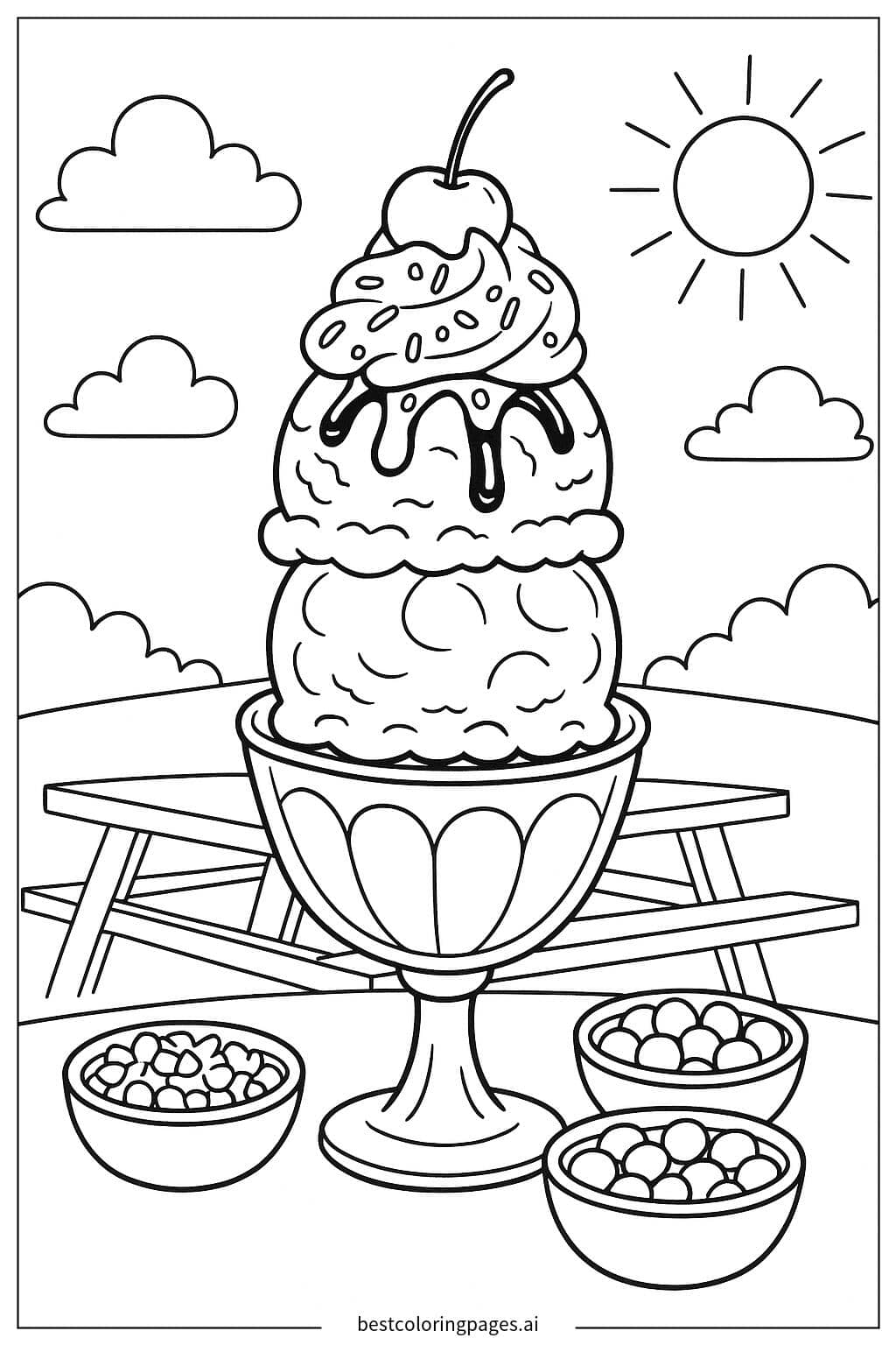 Ice Cream Sundae with Toppings Coloring Page