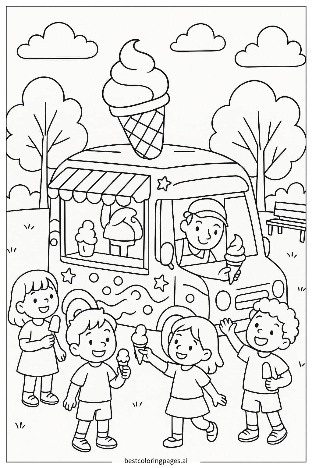 Coloriage Camion de glaces et enfants