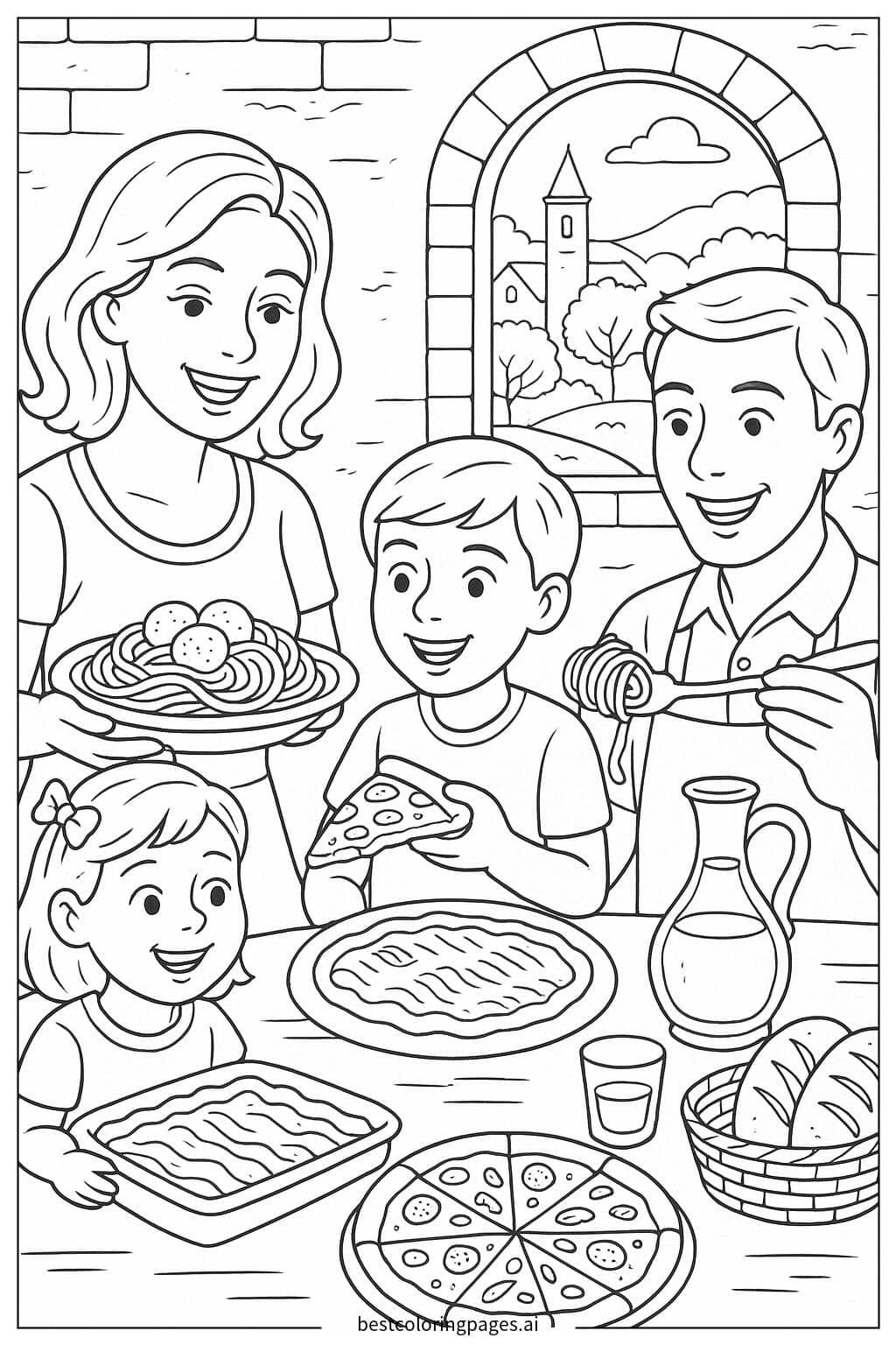 Disegni di Scena di Cena in Famiglia Italiana da Colorare