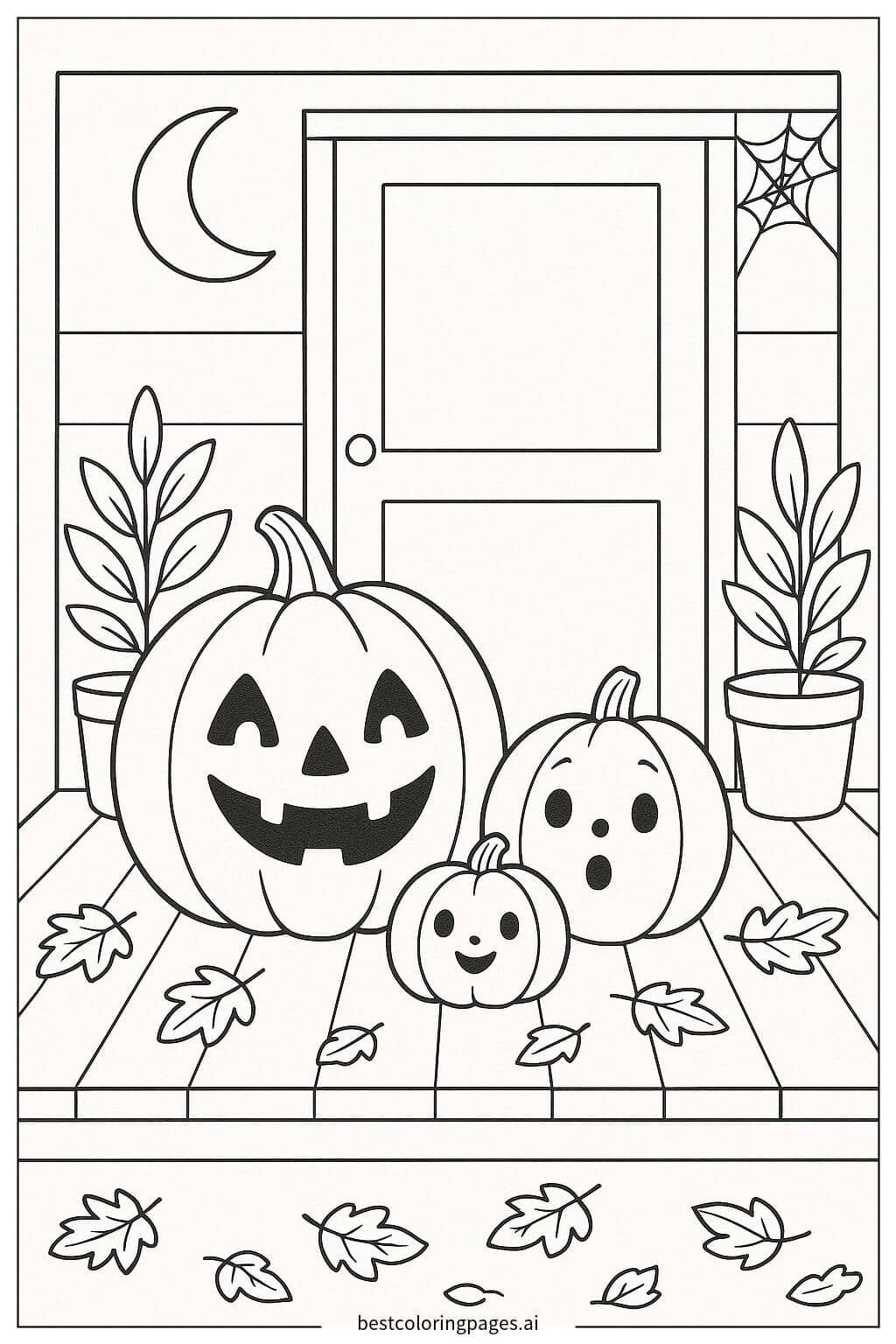 Jack-o'-Lantern Family on a Porch Coloring Page