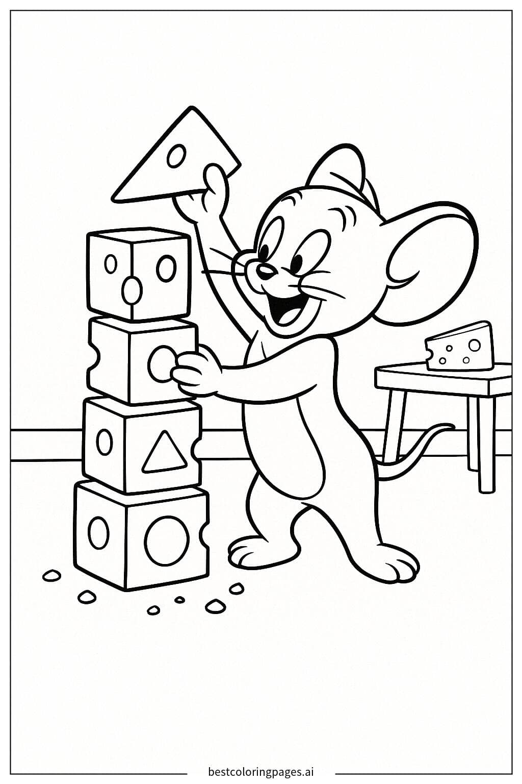 Jerry Building a Cheese Tower Coloring Page