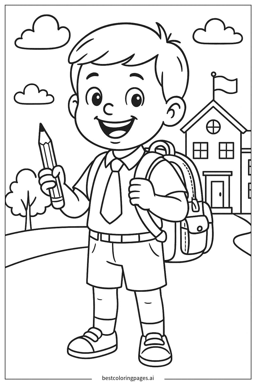 Happy Boy Carrying a School Bag Coloring Page