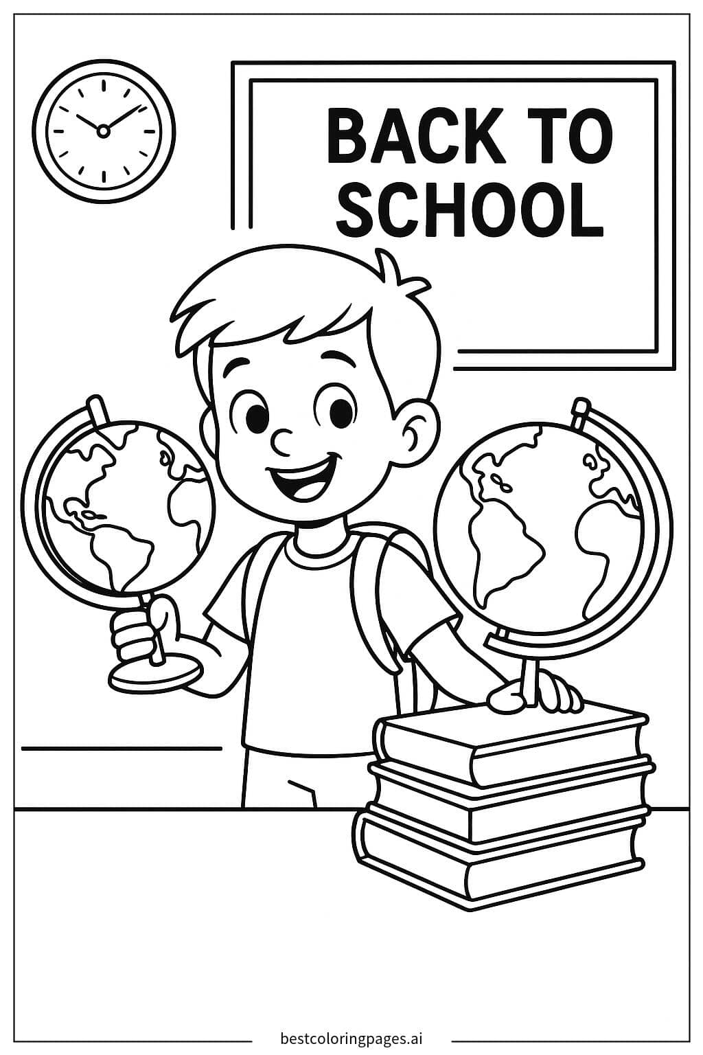 小学生与地球仪 涂色页