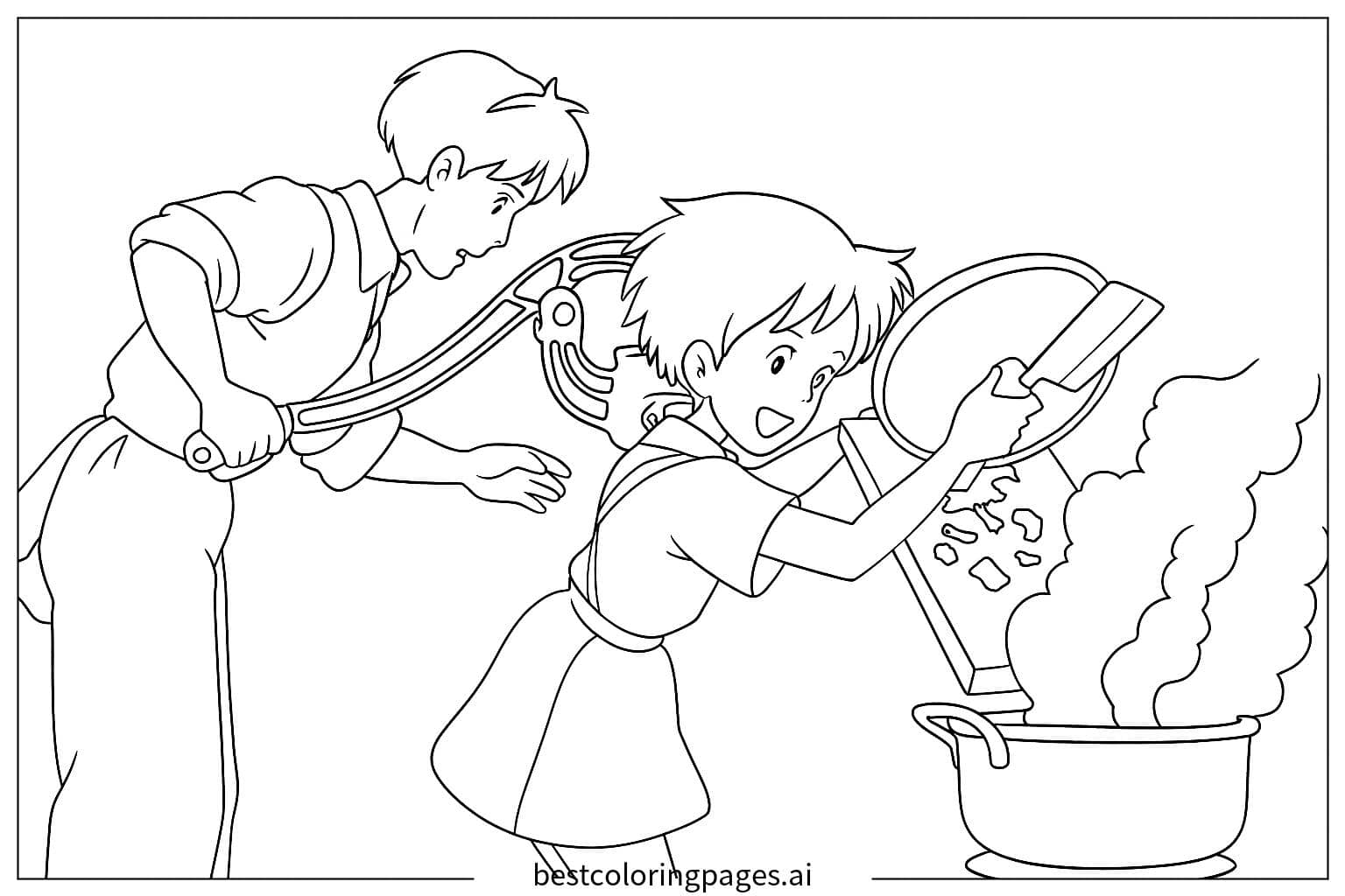 Dibujos de Niños cocinando con Totoro para Colorear