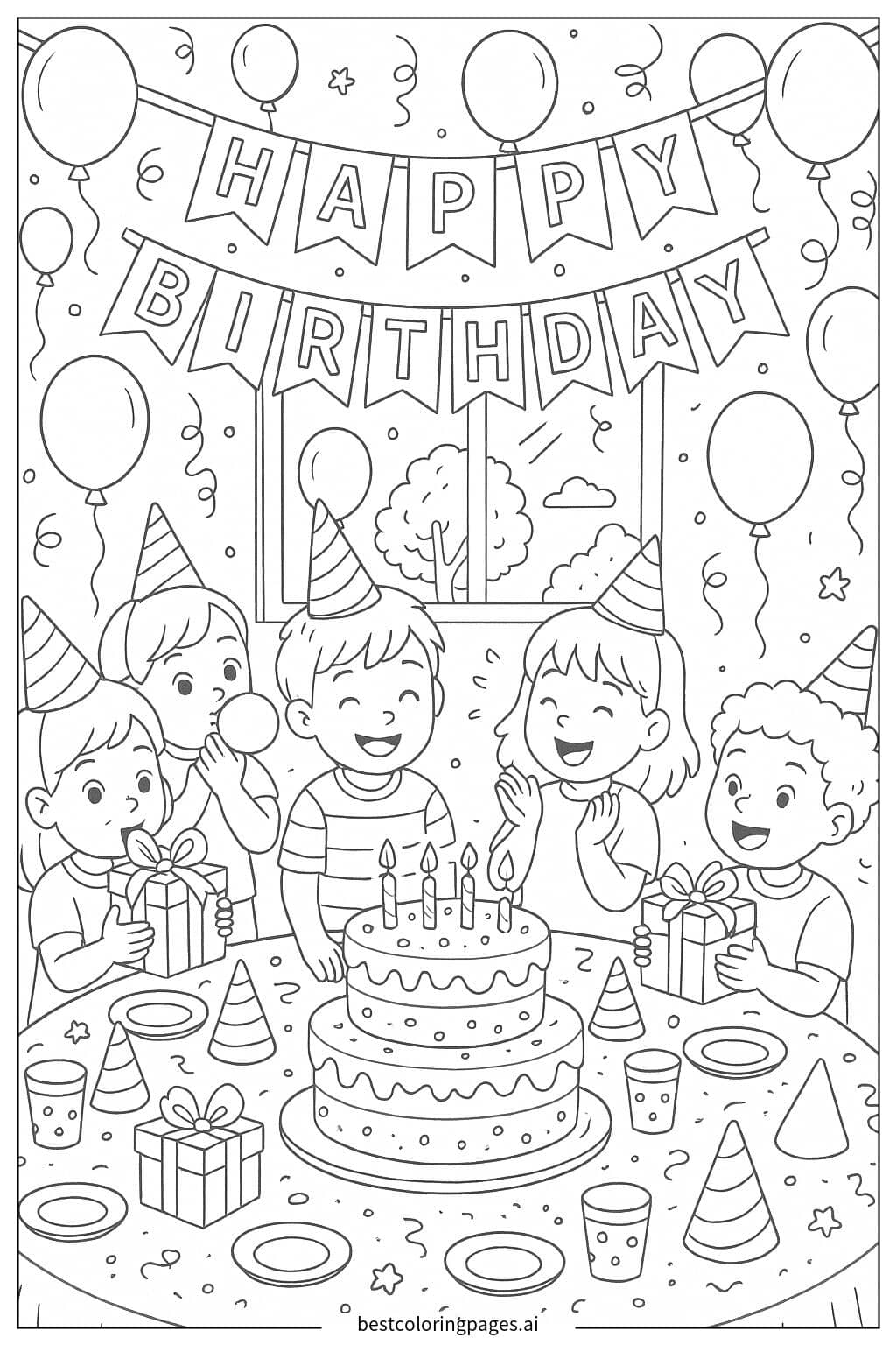 Kids Celebrating a Birthday Party Coloring Page