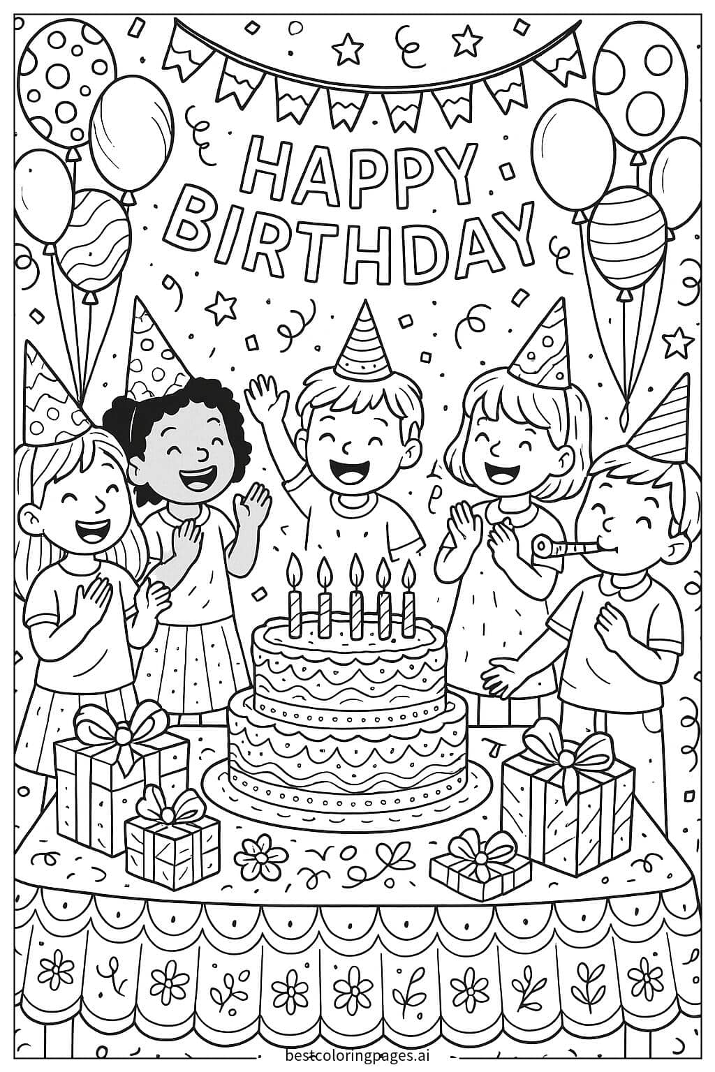 Kids Celebrating with Balloons and Cake Coloring Page