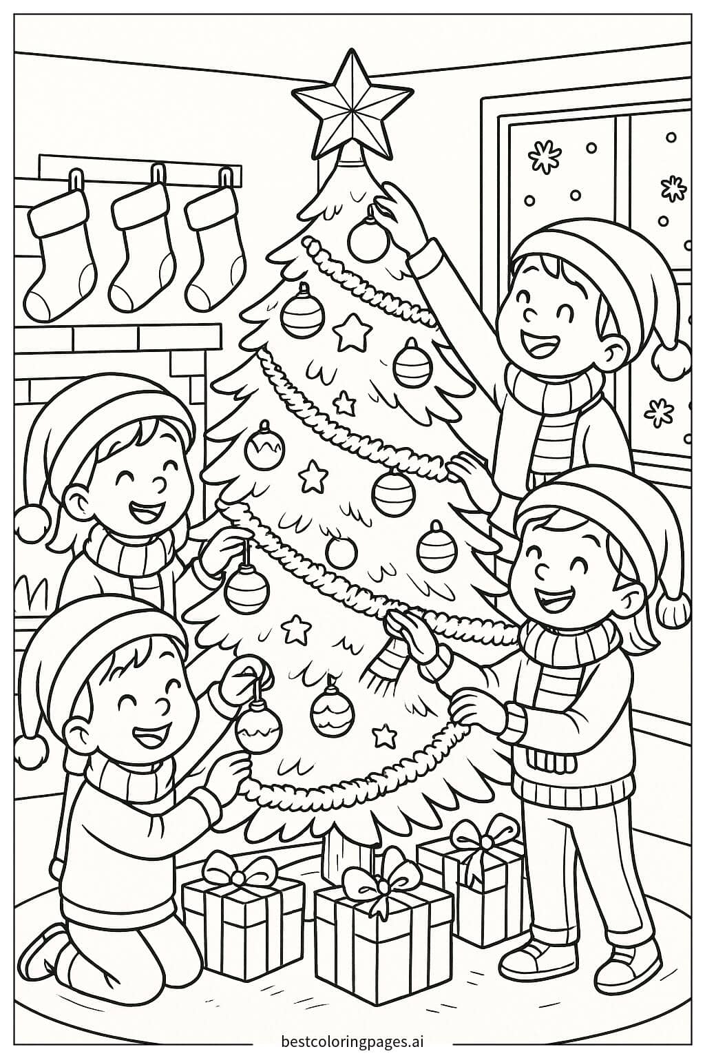 Desenhos de Crianças decorando árvore de Natal para Colorir