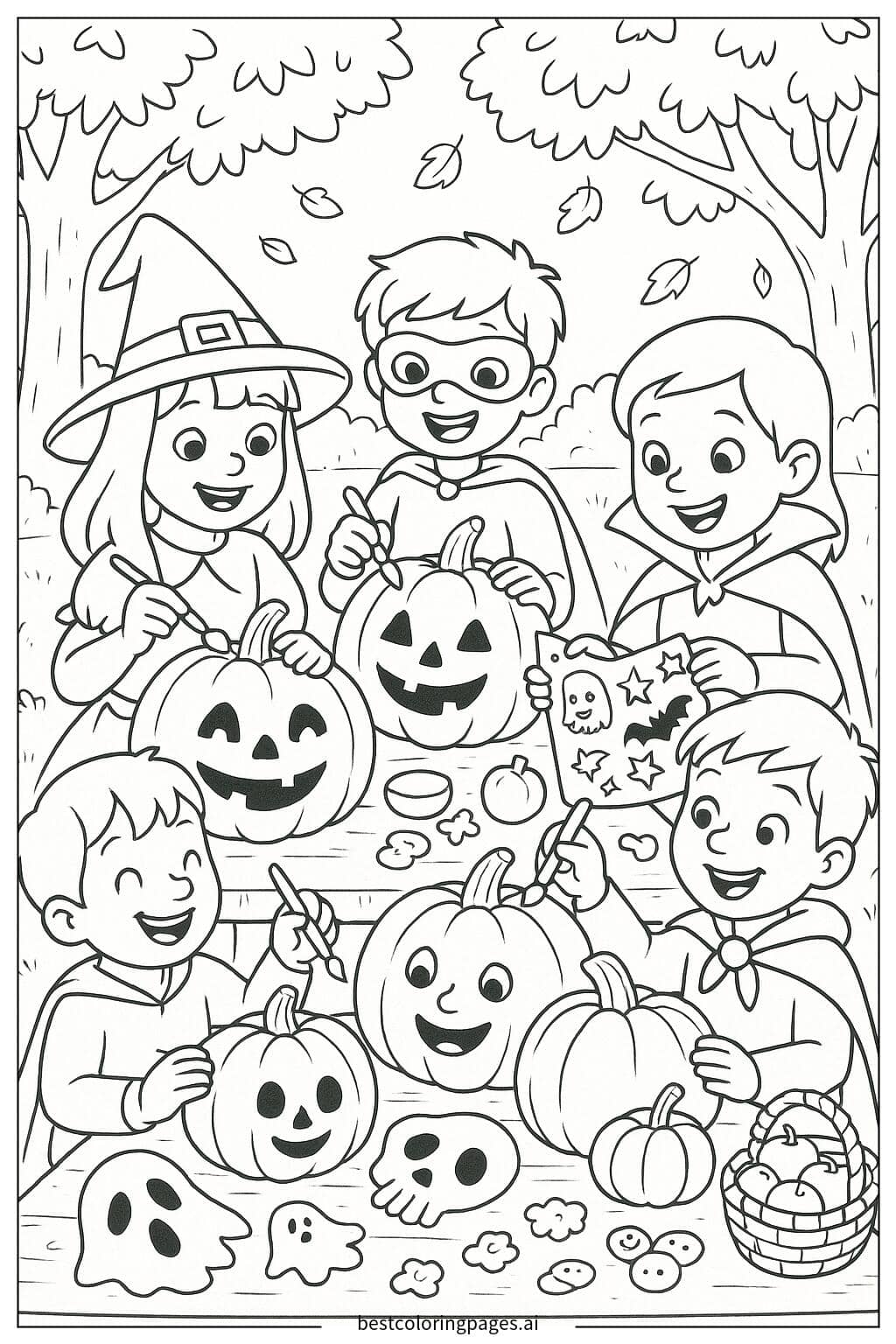 Desenhos de Crianças Decorando Abóboras para Colorir