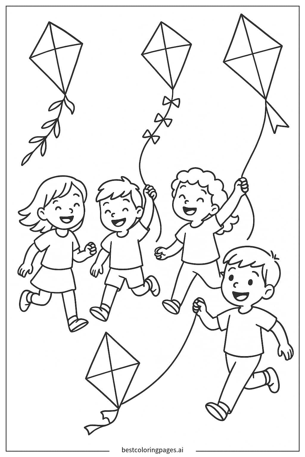 Desenhos de Crianças soltando pipas no parque para Colorir