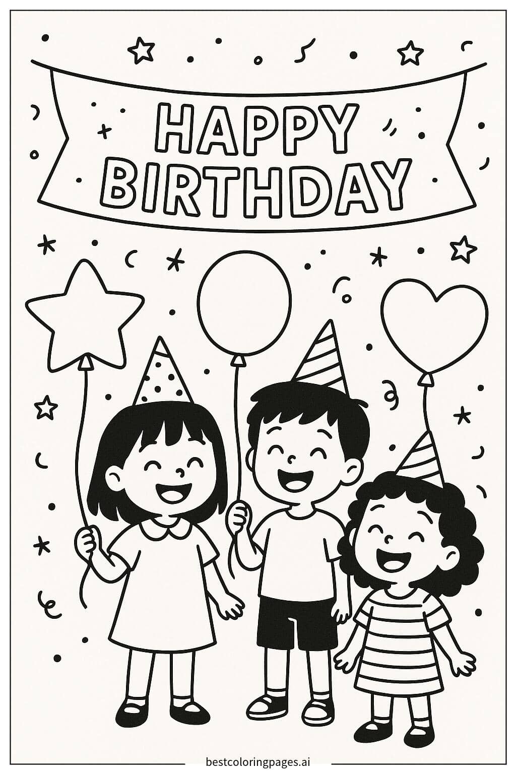 Kids Celebrating with Birthday Balloons Coloring Page