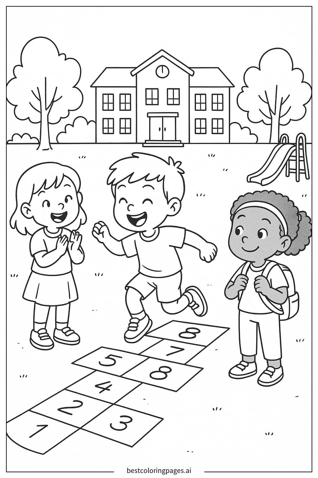 Kids Playing Hopscotch in the Schoolyard Coloring Page