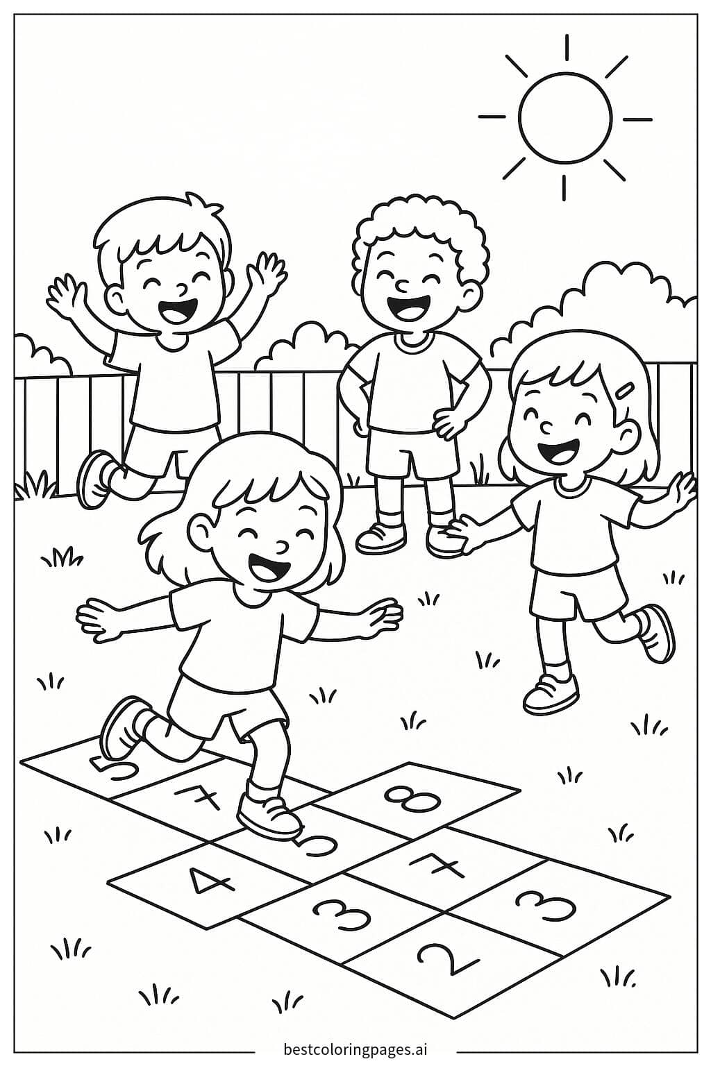 Kids Enjoying Hopscotch Outdoors Coloring Page