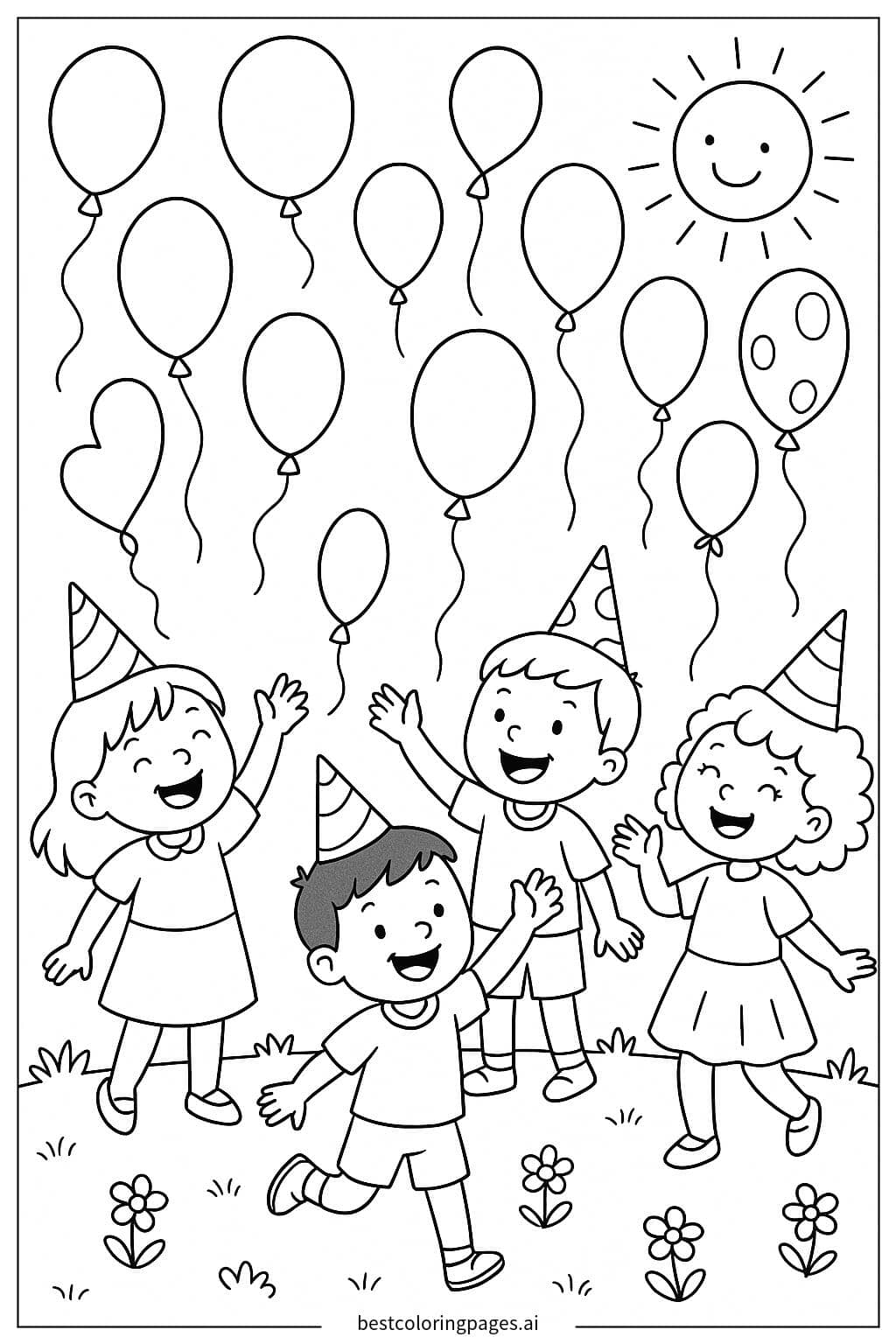 Children Enjoying a Balloon Party Coloring Page