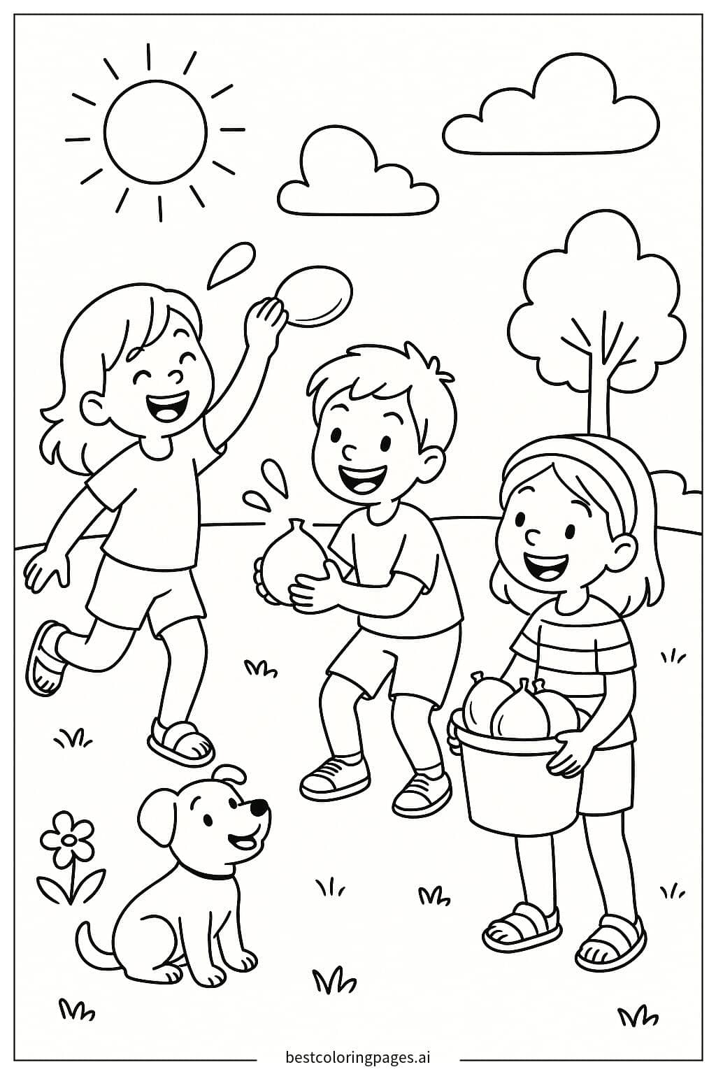 Kinder spielen mit Wasserballons Ausmalbilder