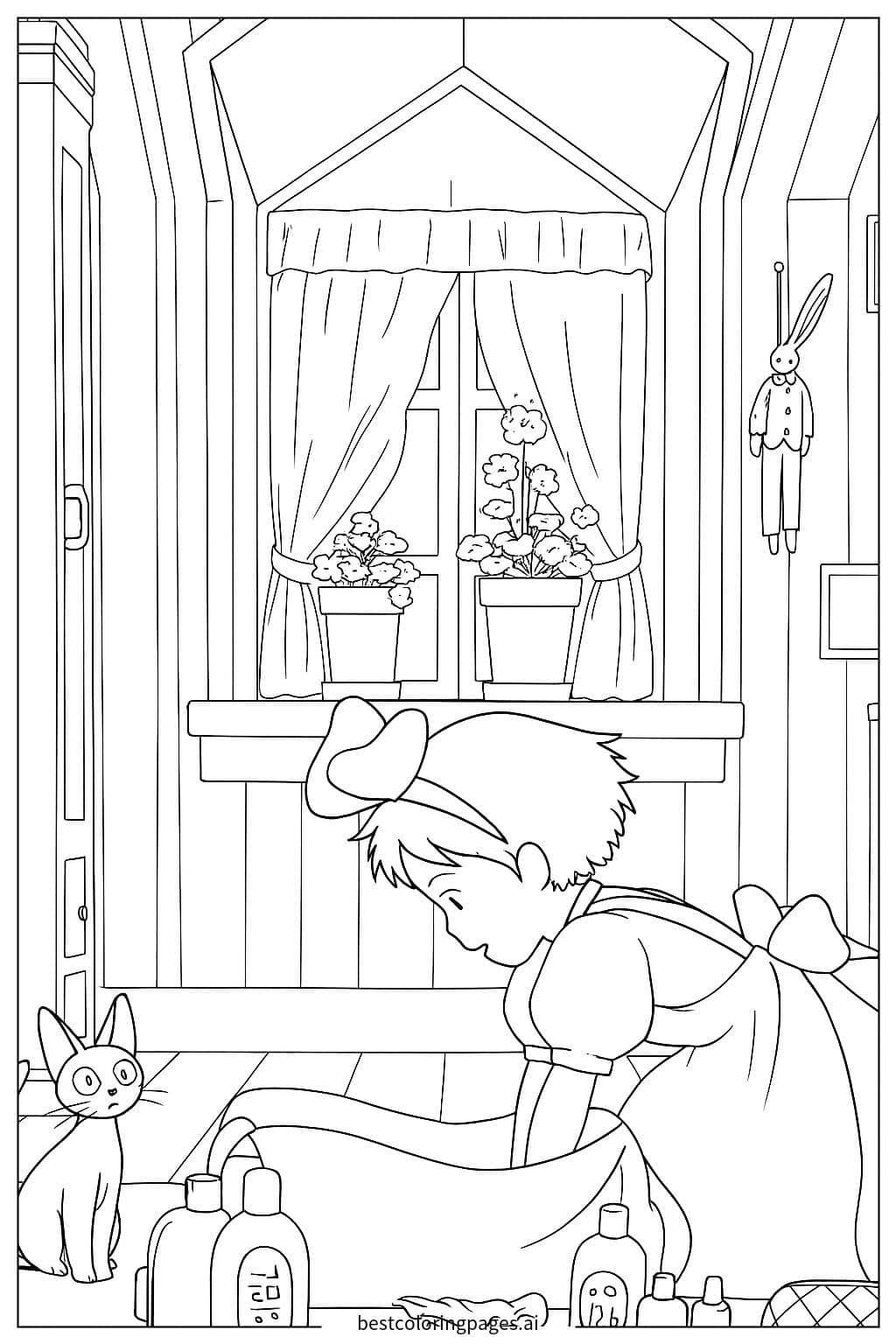 Kiki and Jiji: A Cozy Moment Coloring Page