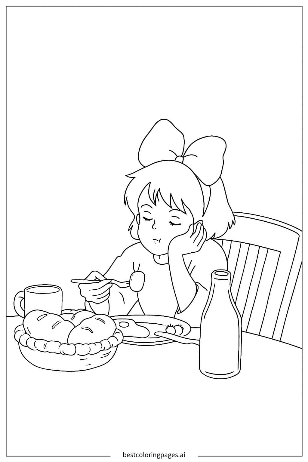 Kiki Enjoying Breakfast Coloring Page