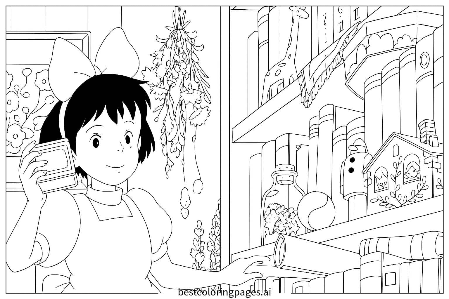 Kiki in the Library Coloring Page