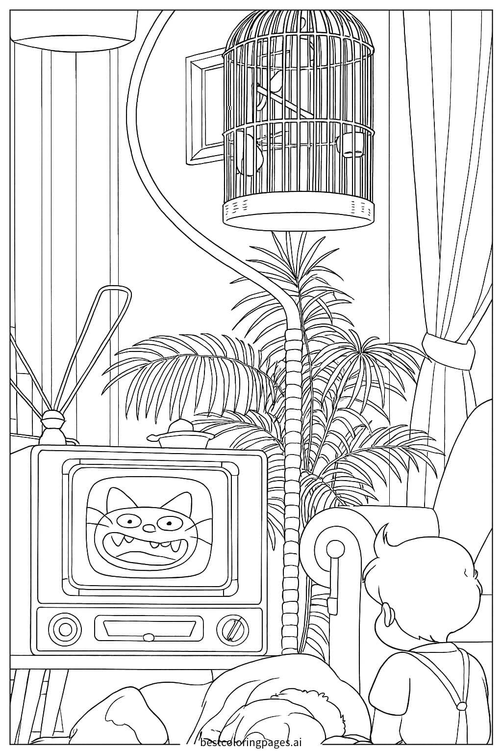 Kiki Watching TV Coloring Page