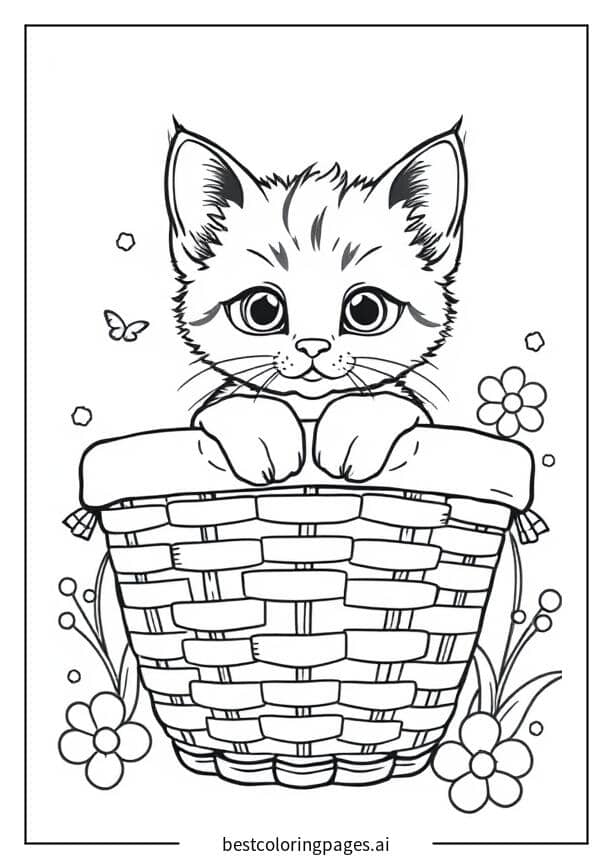 小猫咪从篮子里探出头 涂色页