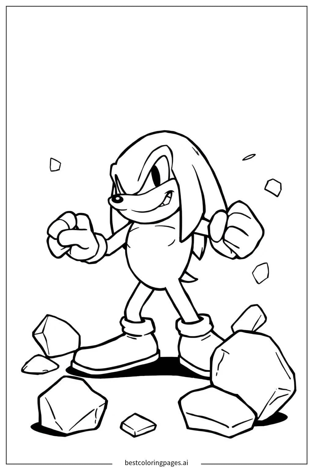 Knuckles Smashing a Rock Coloring Page