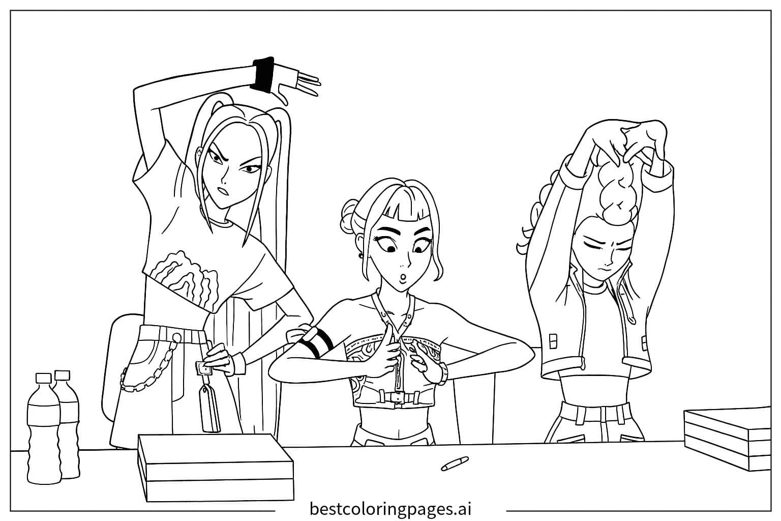 Dibujos de Cazadores de Demonios KPop Preparándose para Colorear