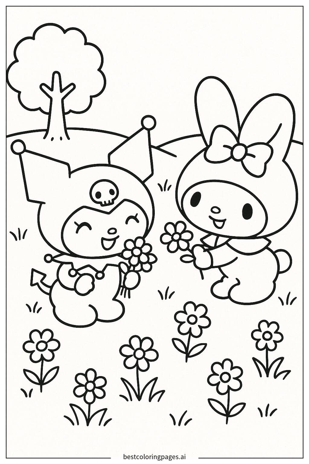 Tranh tô màu Kuromi và My Melody hái hoa