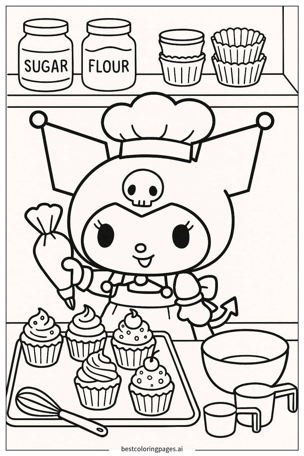 Tranh tô màu Kuromi làm bánh cupcake