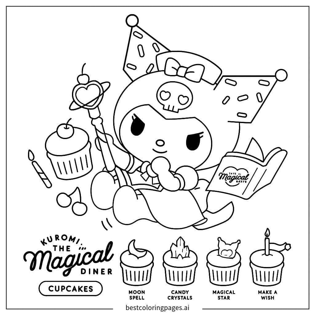 Tranh tô màu Kuromi thực hiện phép thuật bánh cupcake