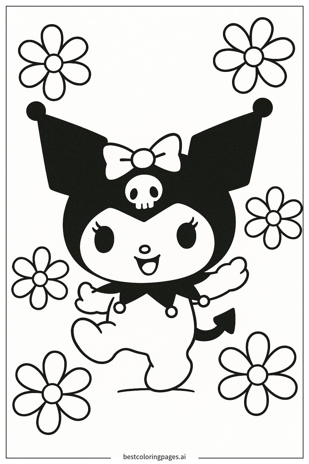Kuromi Dancing Among Flowers Coloring Page