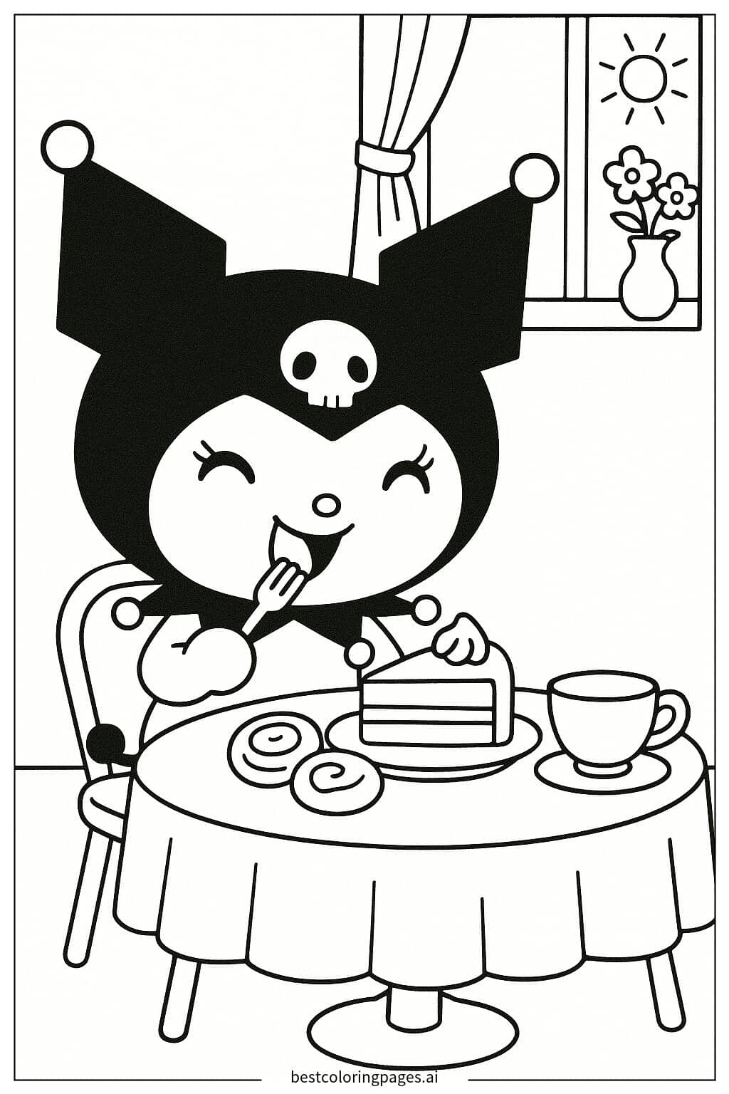 Kuromi Enjoying Cake Coloring Page