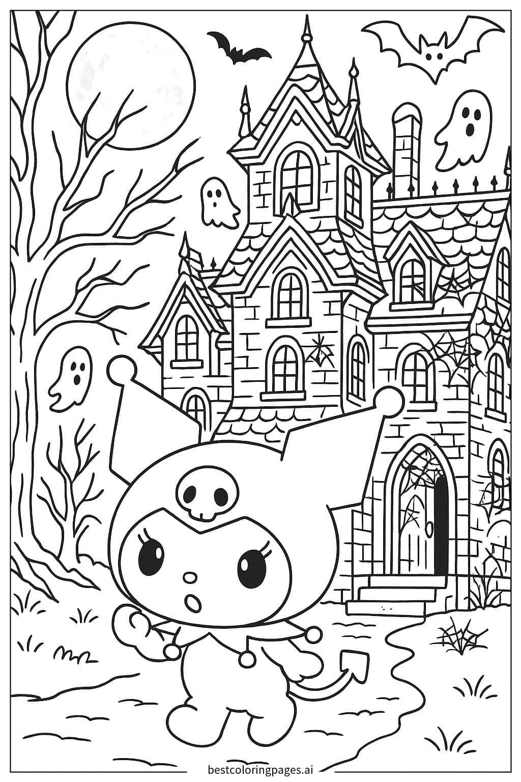 Kuromi Exploring a Haunted House Coloring Page