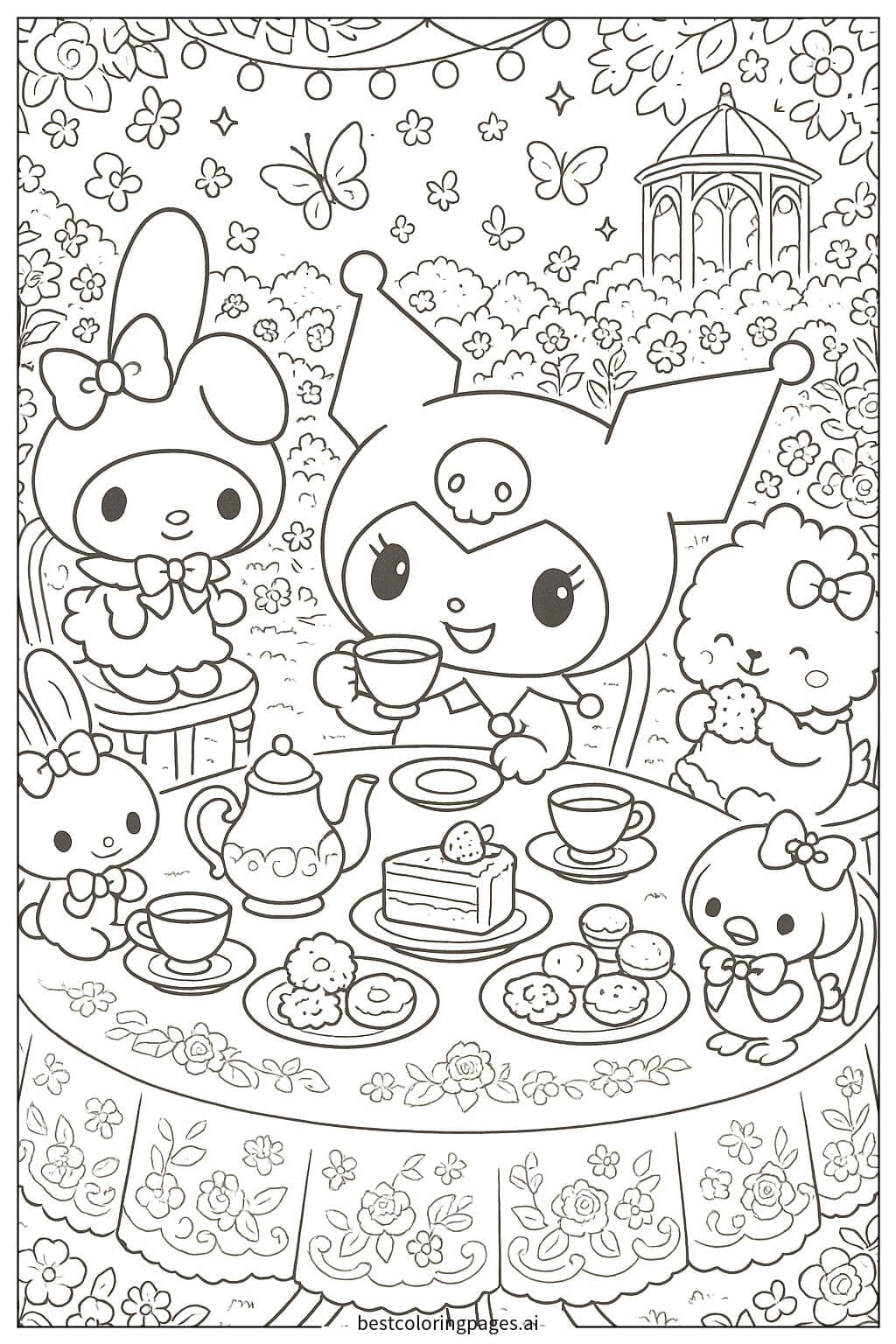 Kuromi's Tea Party with Friends Coloring Page