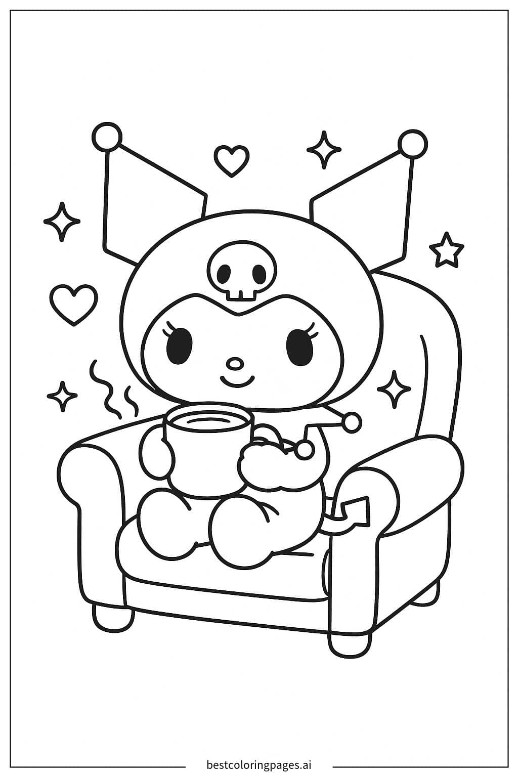 Tranh tô màu Kuromi cầm một cốc sô-cô-la nóng