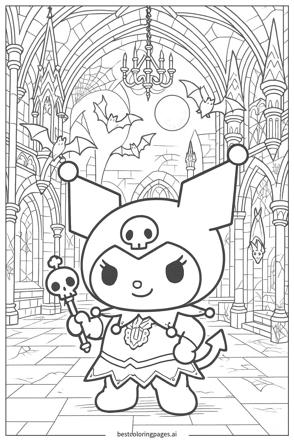 Kuromi in a Gothic Castle with Bats Coloring Page