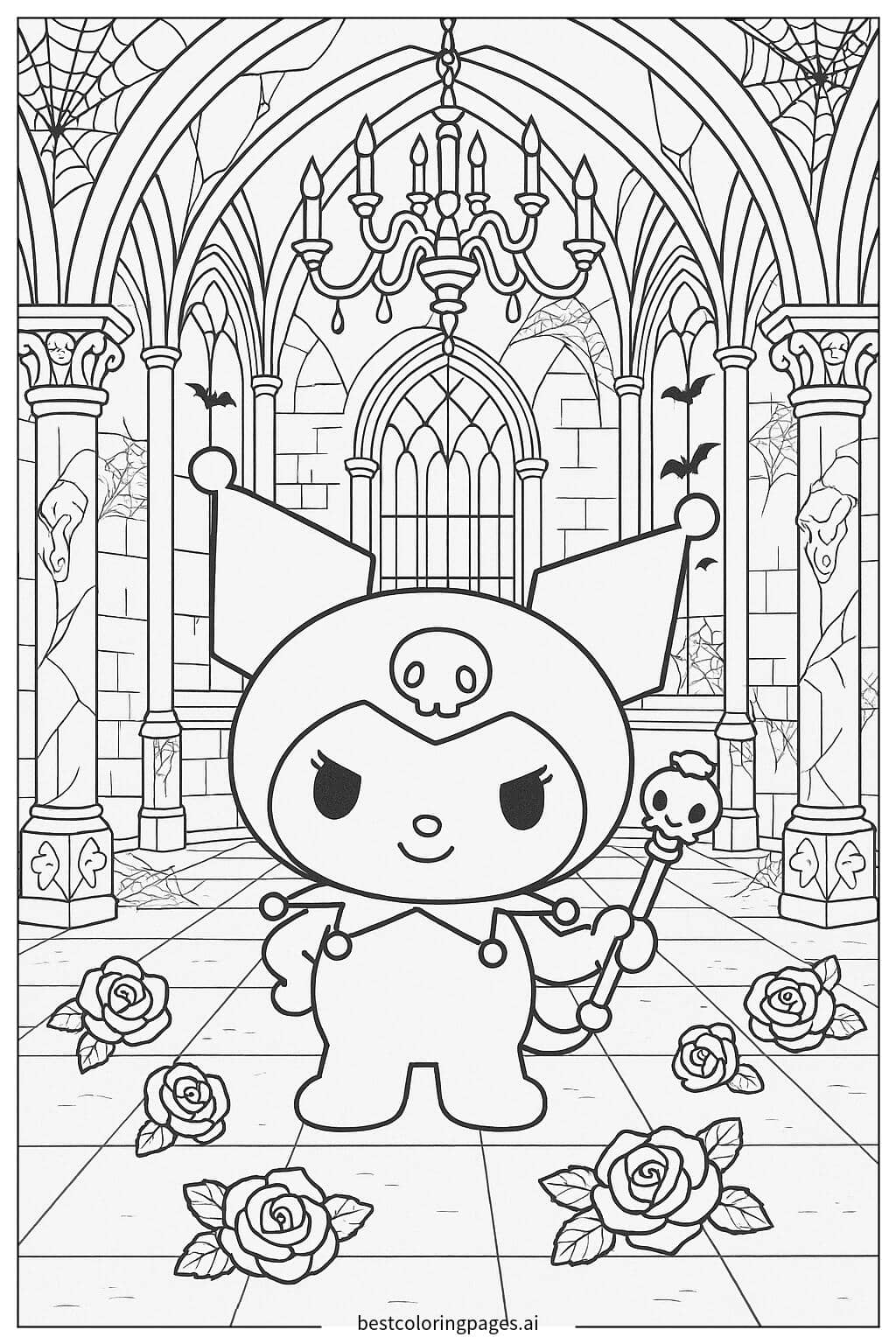 Kuromi in a Gothic Castle Coloring Page