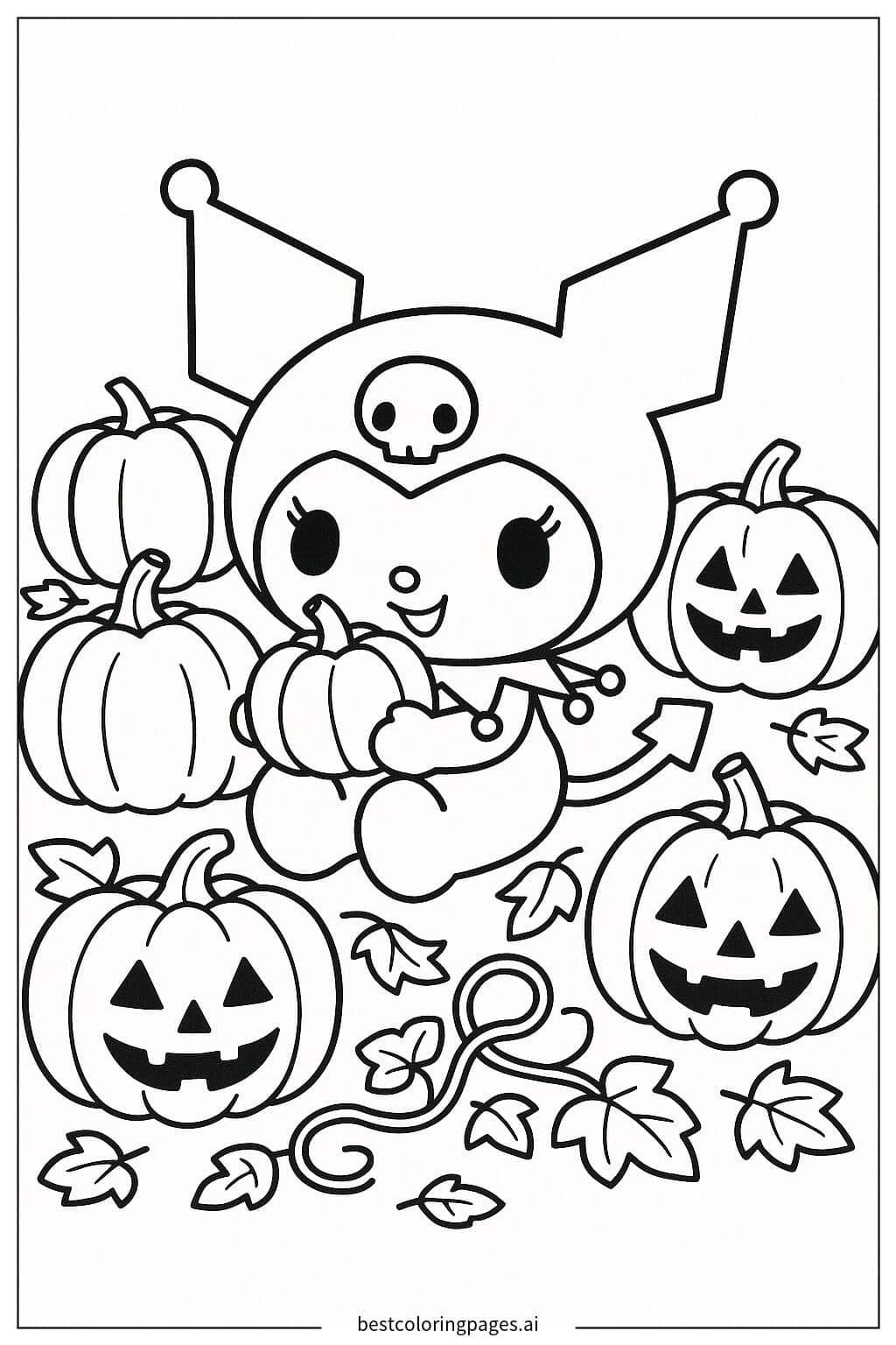 Kuromi in a Pumpkin Patch Coloring Page