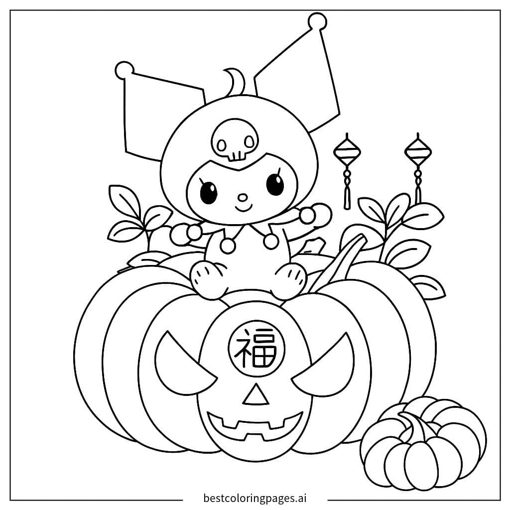 Tranh tô màu Kuromi trên quả bí ngô