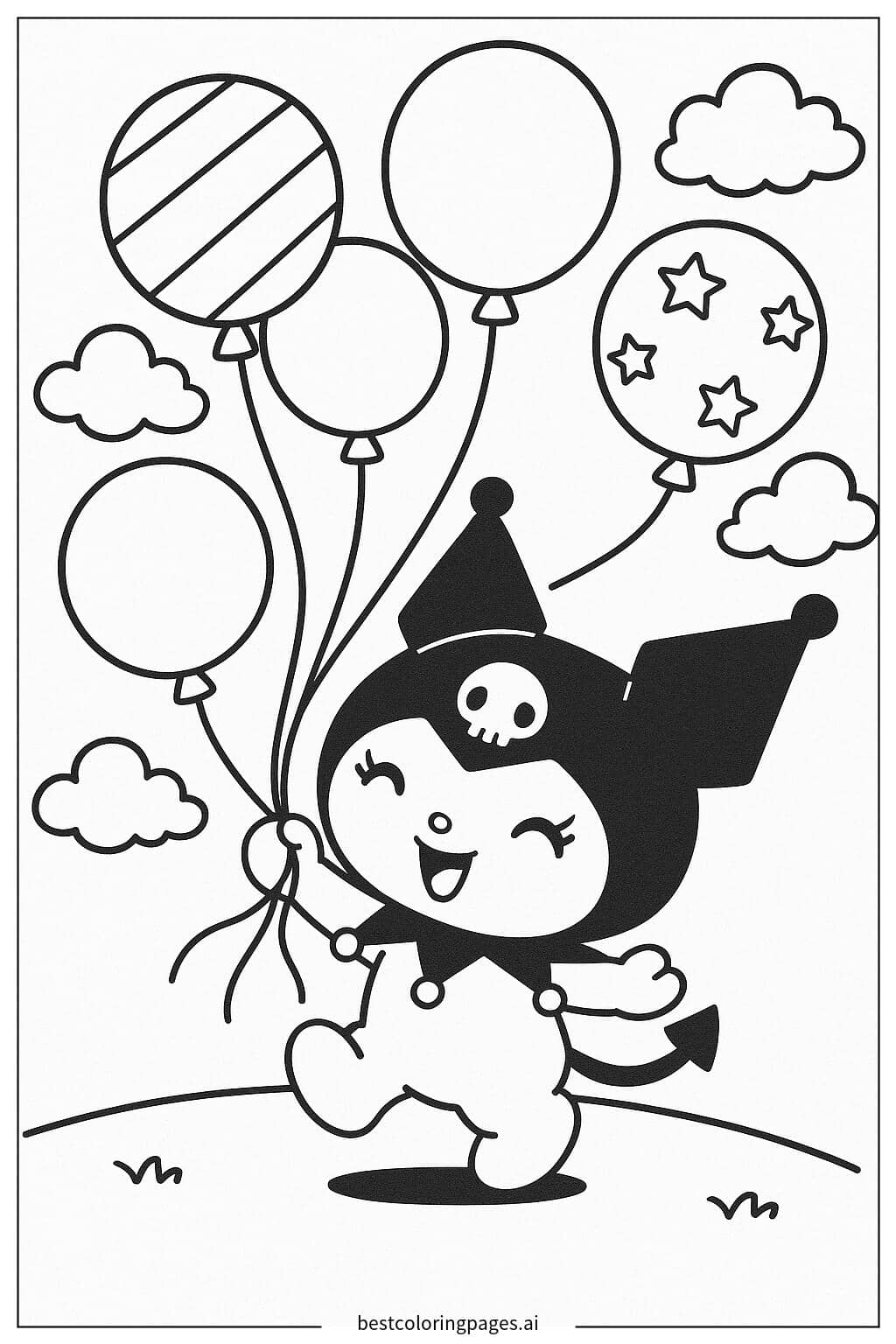 Kuromi Playing with Balloons Coloring Page