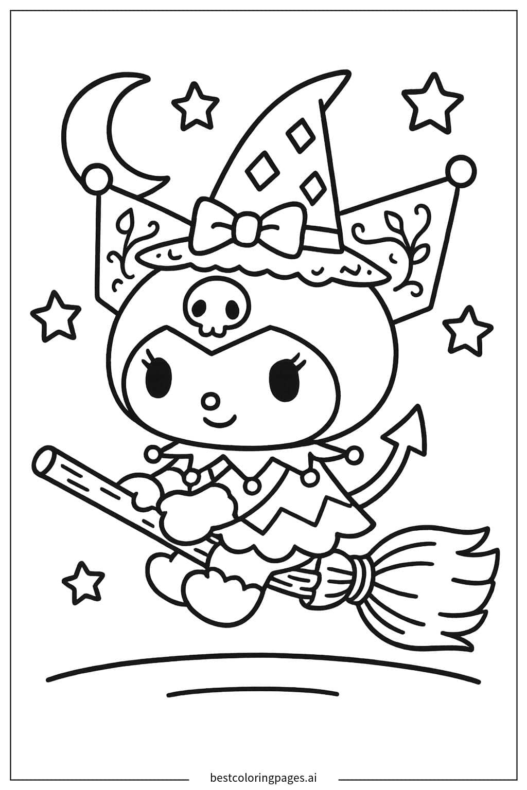 Tranh tô màu Kuromi cưỡi chổi thần kỳ