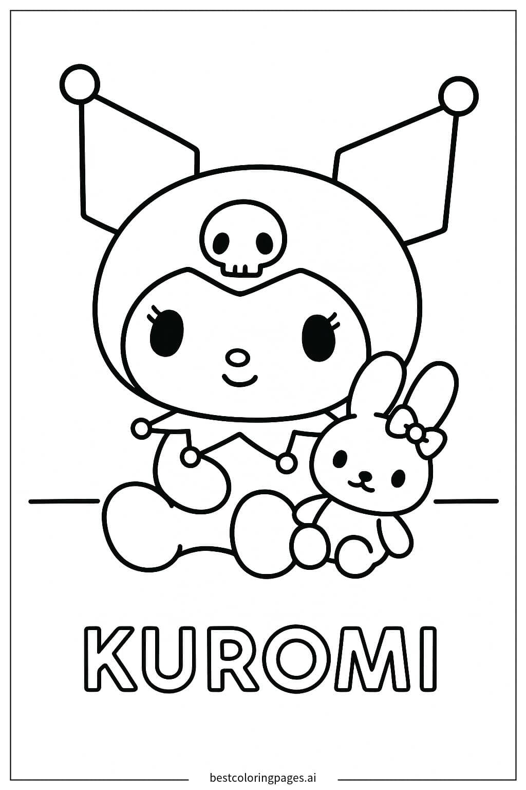 Tranh tô màu Kuromi ngồi cùng món đồ chơi yêu thích của cô ấy